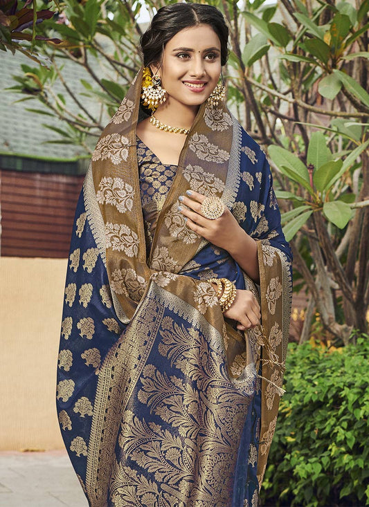 Dhiyona GR Women's Yashomati Indigo Blue Zari Woven Design Chanderi Cotton Saree