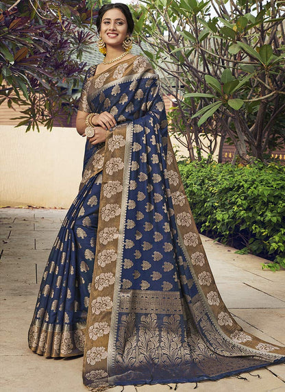 Dhiyona GR Women's Yashomati Indigo Blue Zari Woven Design Chanderi Cotton Saree