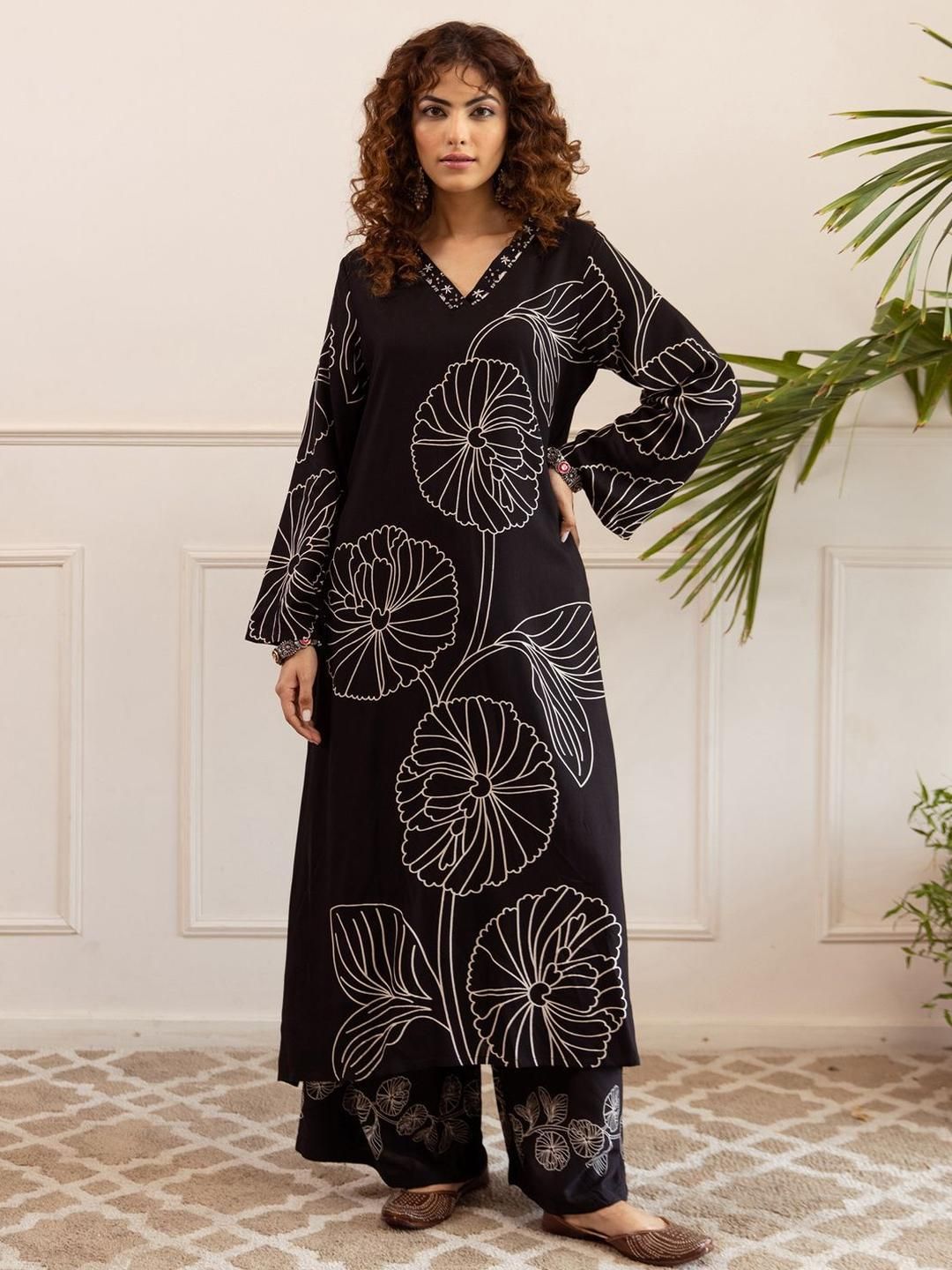 Dhiyona IE Printed Round Neck Long Sleeve Tunic With Trouser Co-Ords