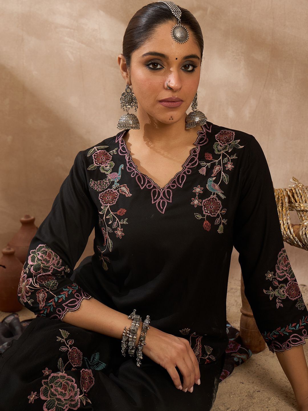 Women Ethnic Motifs Embroidered Thread Work Kurta with Trousers & With Dupatta