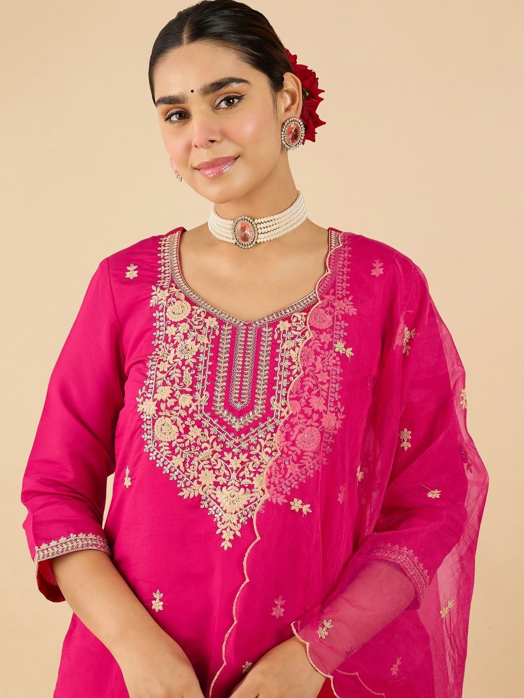Dhiyona IE Women Ethnic Motifs Embroidered Regular Thread Work Kurta with Trousers & With Dupatta