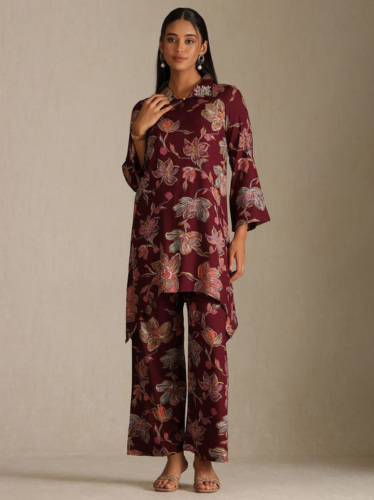 Dhiyona SO Women's Floral Printed Shirt Collar Beads & Stones Kurta With Palazzos