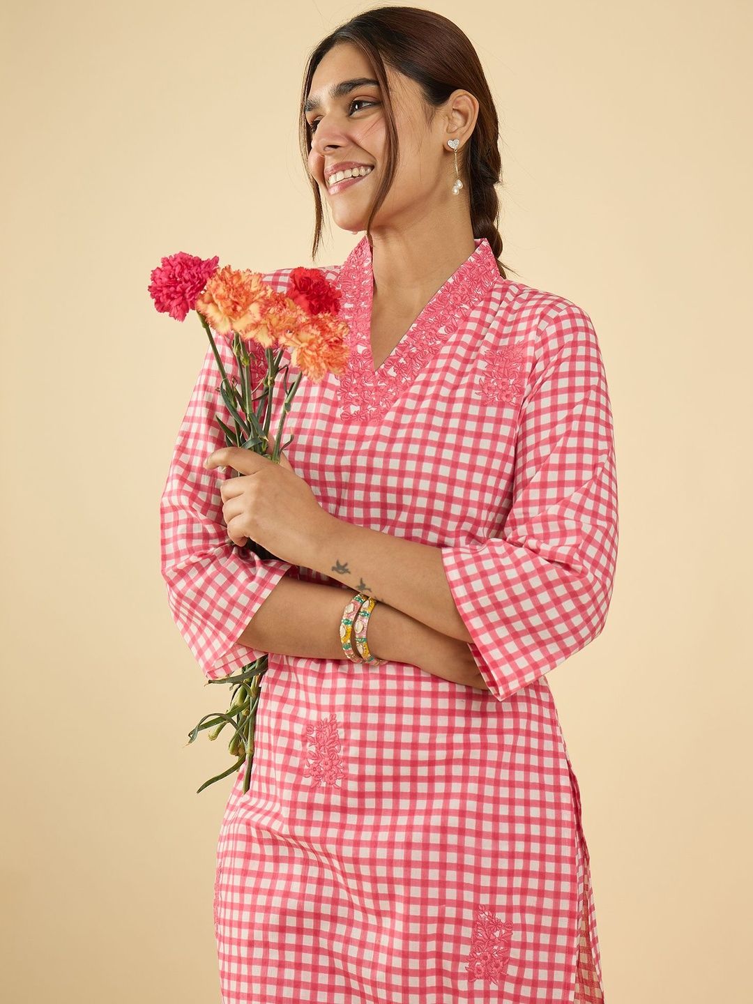 Women Checked Regular Thread Work Pure Cotton Kurta With Trousers