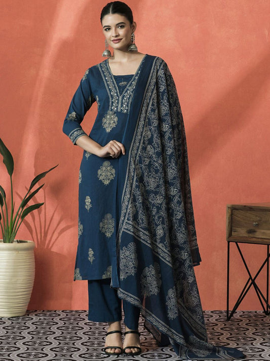 Dhiyona SN Women's Floral Printed Notch Neck Pure Cotton Straight Kurta With Trouser And Dupatta