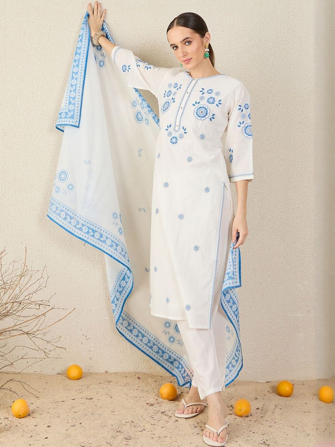 Women Ethnic Motifs Embroidered Regular Pure Cotton Kurta with Trousers & Dupatta