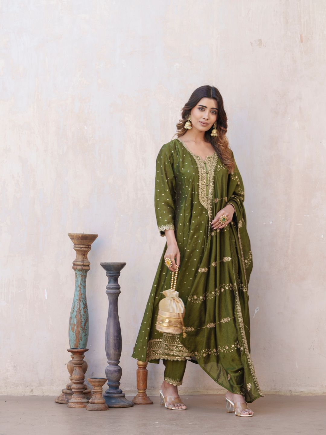 Dhiyona PD Women Bandhani Printed Panelled Anarkali Kurta With Trouser & Dupatta