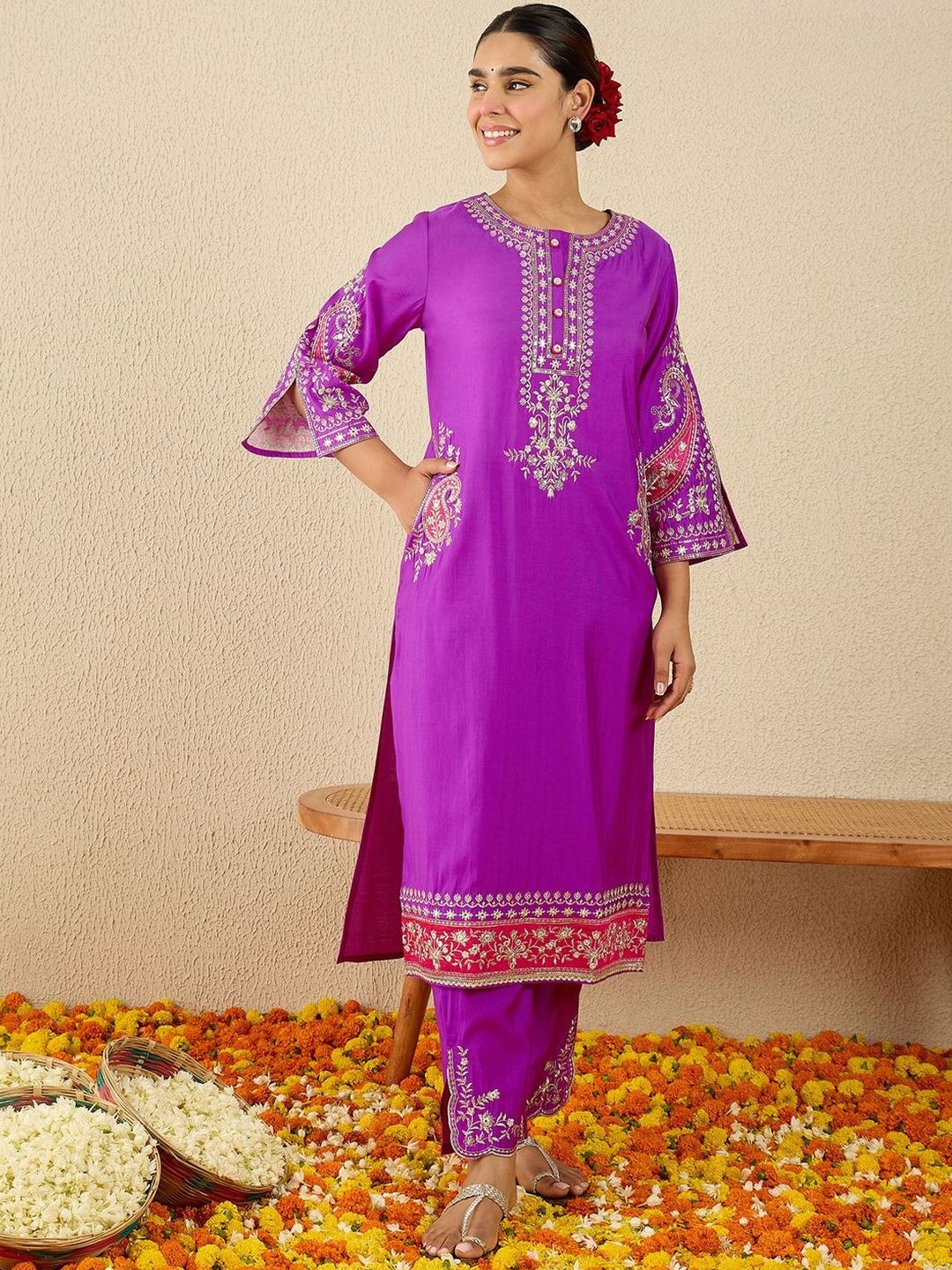 Floral Yoke Design Round Neck Thread Work Straight Kurta & Dupatta with Trousers