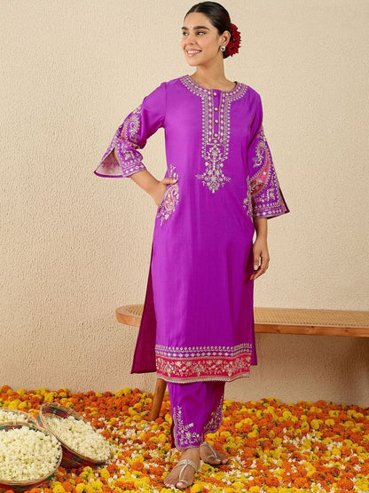 Floral Yoke Design Round Neck Thread Work Straight Kurta & Dupatta with Trousers