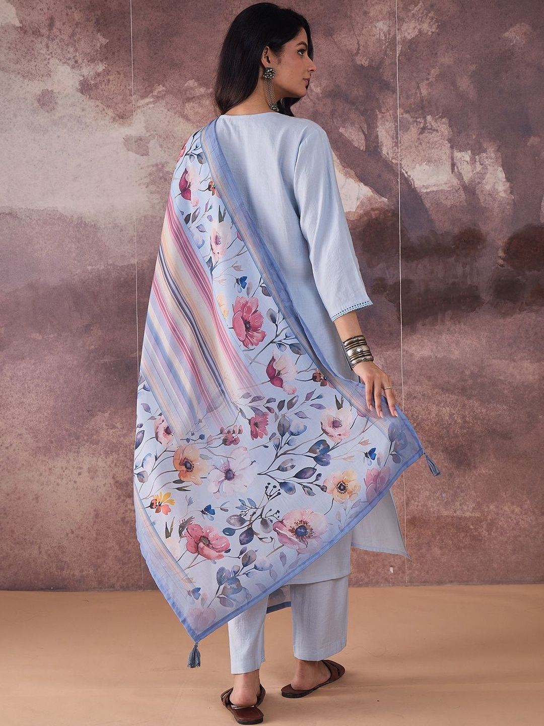 Embroidered Thread Work Straight Kurta With Trousers & Dupatta