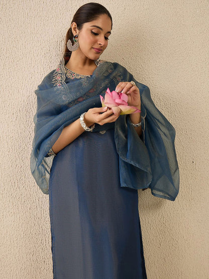 Dhiyona IE Women's Ethnic Motifs Embroidered Thread Work Liva Straight Kurta With Trousers & Dupatta