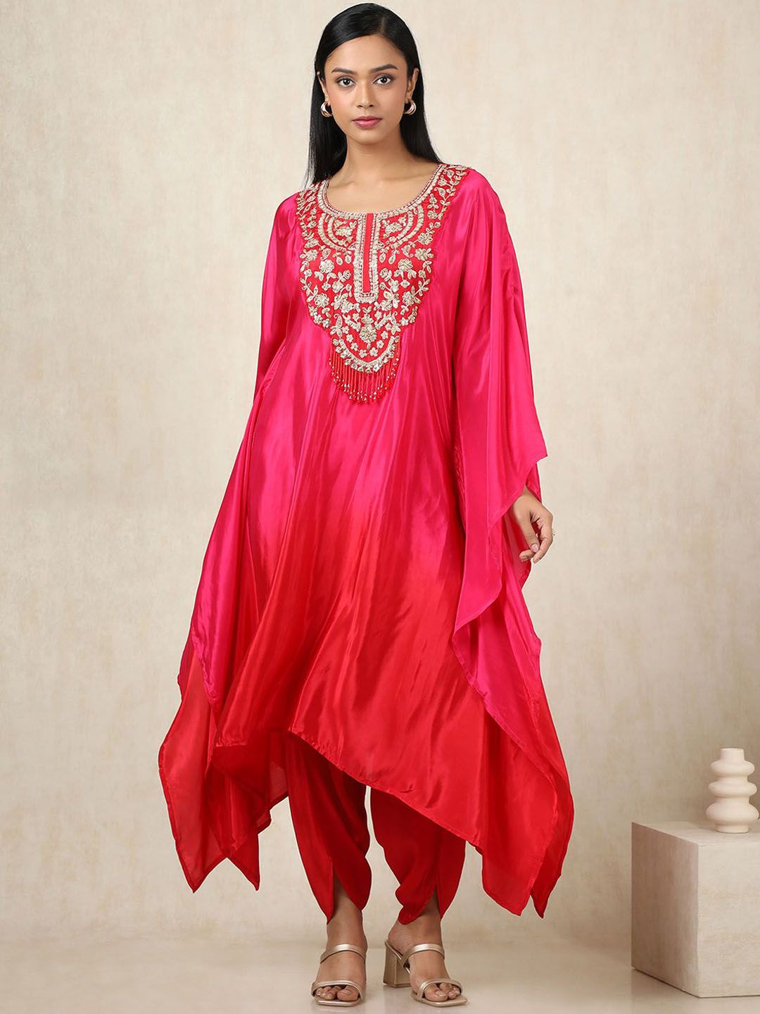 Dhiyona SO Women's Floral Yoke Design Sequinned Silk Crepe Kaftan Kurta With Trouser