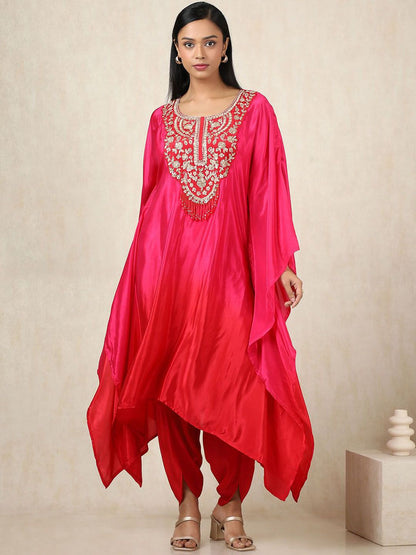 Dhiyona SO Women's Floral Yoke Design Sequinned Silk Crepe Kaftan Kurta With Trouser