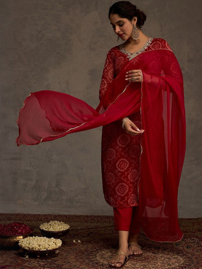 Bandhani Printed Straight Sequinned Work Kurta With Trousers & Dupatta