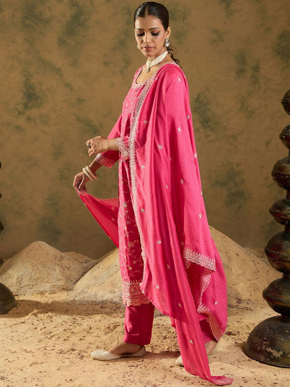 Dhiyona IE Ethnic Motifs Embroidered Thread Work Kurta with Trousers & Dupatta