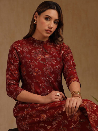 Dhiyona SO Women's Floral Printed Panelled Mandarin Collar A-Line Kurta With Trousers