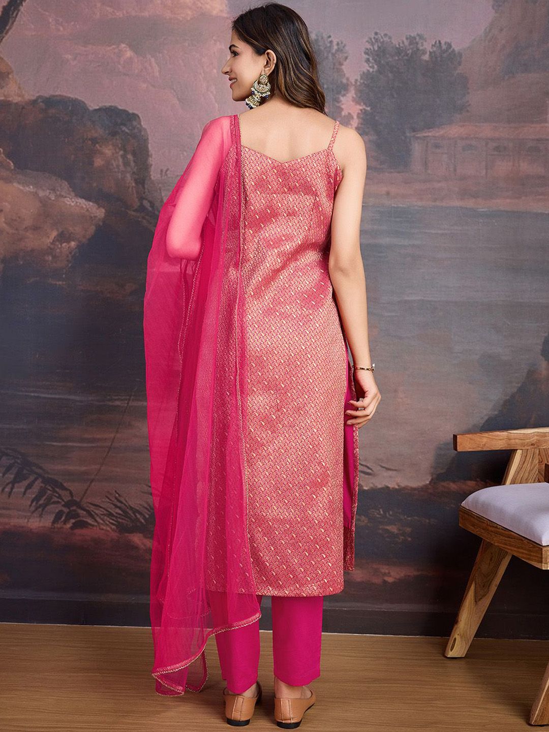 Dhiyona PD Women Paisley Woven Designed Shoulder Straps Kurta & Trousers With Dupatta
