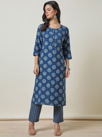 Dhiyona SO Women's Blue Ethnic Motifs Embroidered Round Neck Straight Mirror Work Kurta With Trousers