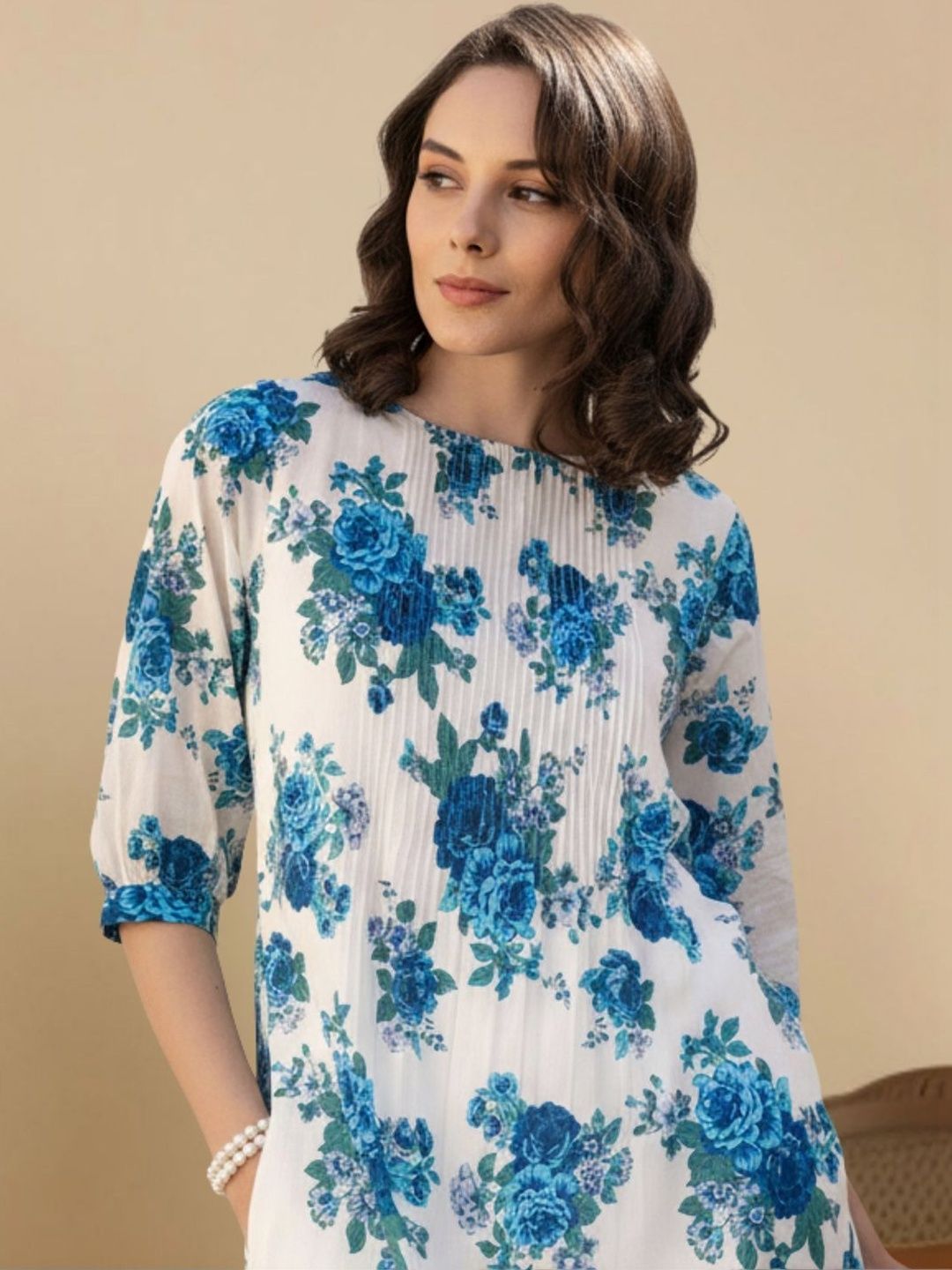 Dhiyona IE Women Floral Printed Pleated Pure Cotton Kurta with Trousers