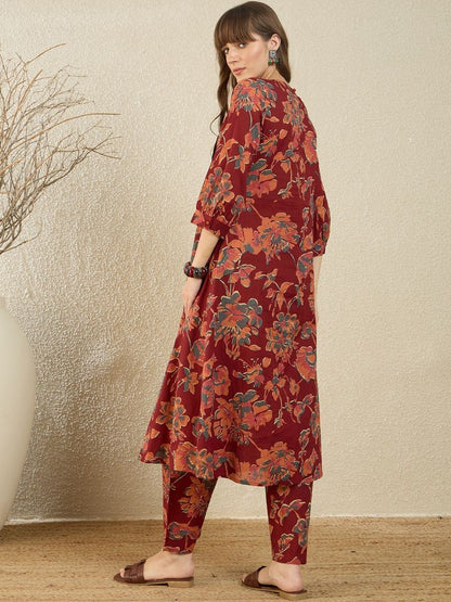 Dhiyona IE Printed V-Neck Three-Quarter Sleeves Pure Cotton Tunic And Trousers