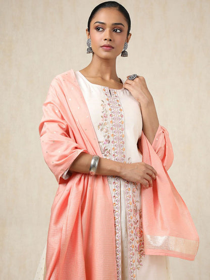 Dhiyona SO Women's Alina Cut Floral Embroidered Thread Work Chanderi Silk A-Line Kurta With Trousers