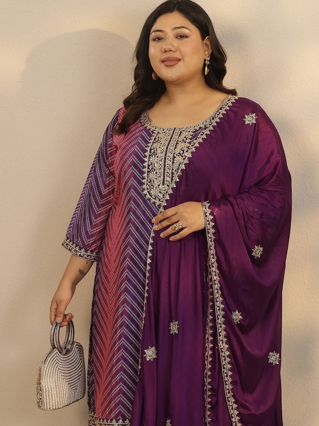 Dhiyona Women's Plus Size Printed Thread Work Kurta with Sharara & Dupatta