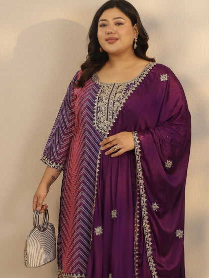 Dhiyona Women's Plus Size Printed Thread Work Kurta with Sharara & Dupatta