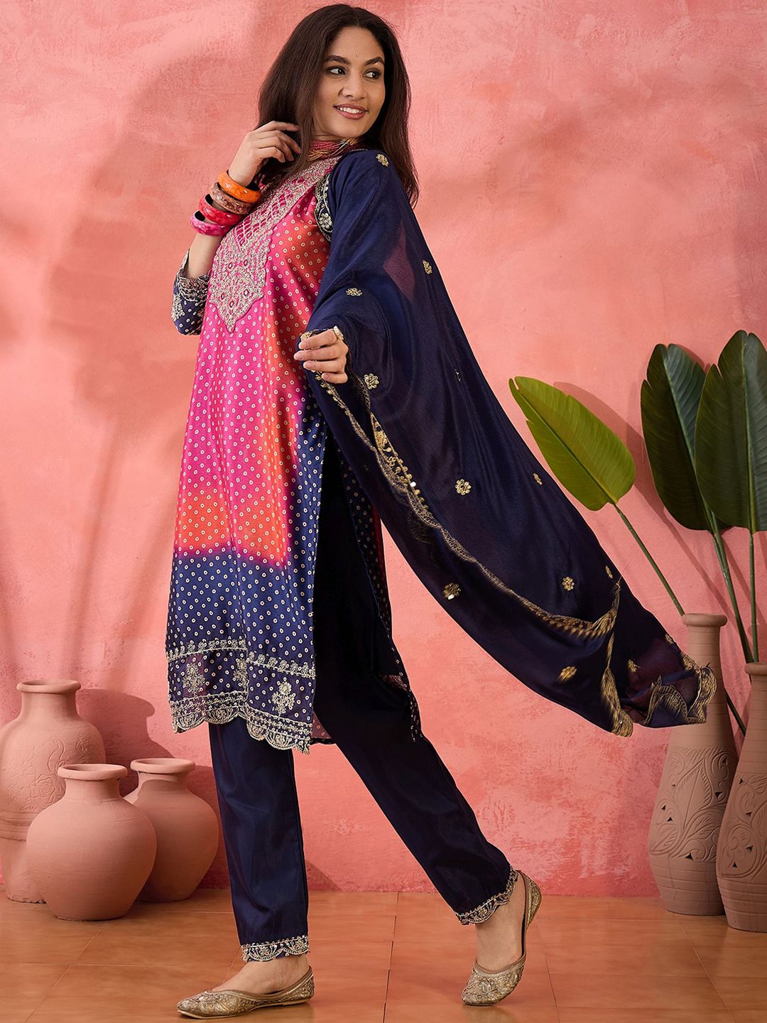 Dhiyona SN Women's Bandhani Printed with Embroidered Kurta With Trousers & Dupatta