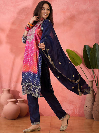 Dhiyona SN Women's Bandhani Printed with Embroidered Kurta With Trousers & Dupatta