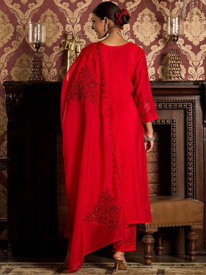 Dhiyona IE Ethnic Motifs Embroidered Sequined Straight Kurta With Trousers & Dupatta