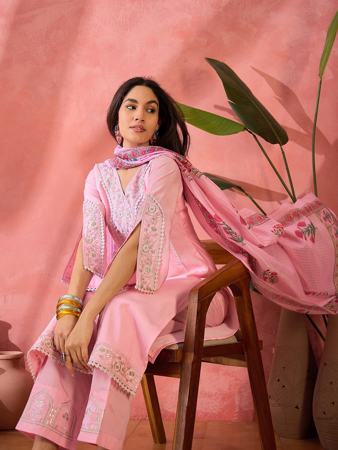 Dhiyona SN Women's Pink Floral Embroidered V-Neck Sequinned Straight Kurta With Trousers And Dupatta