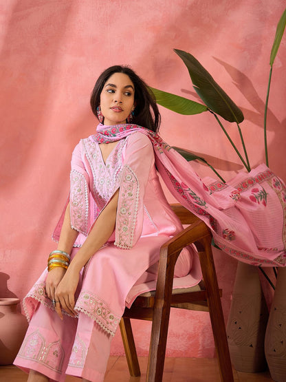 Dhiyona SN Women's Pink Floral Embroidered V-Neck Sequinned Straight Kurta With Trousers And Dupatta