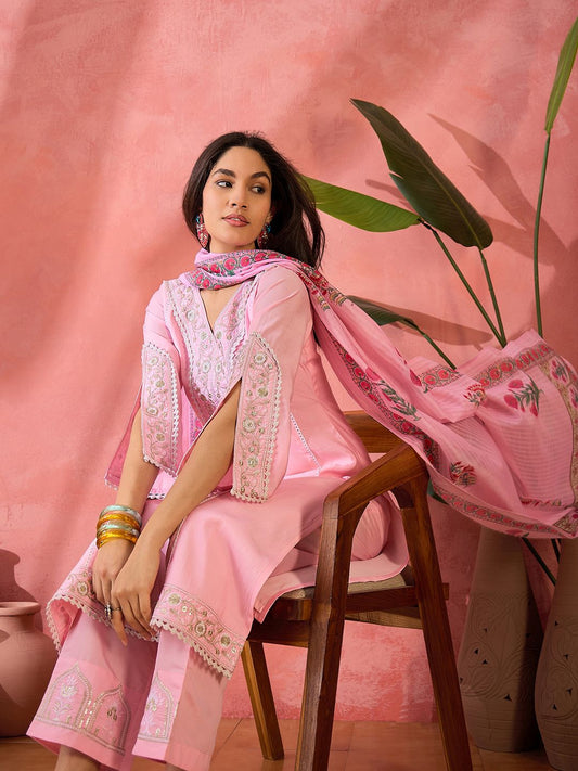 Dhiyona SN Women's Pink Floral Embroidered V-Neck Sequinned Straight Kurta With Trousers And Dupatta