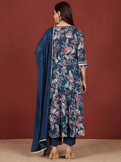 Dhiyona VA Women's Floral Printed Regular Pure Cotton Kurta, Trousers with Dupatta