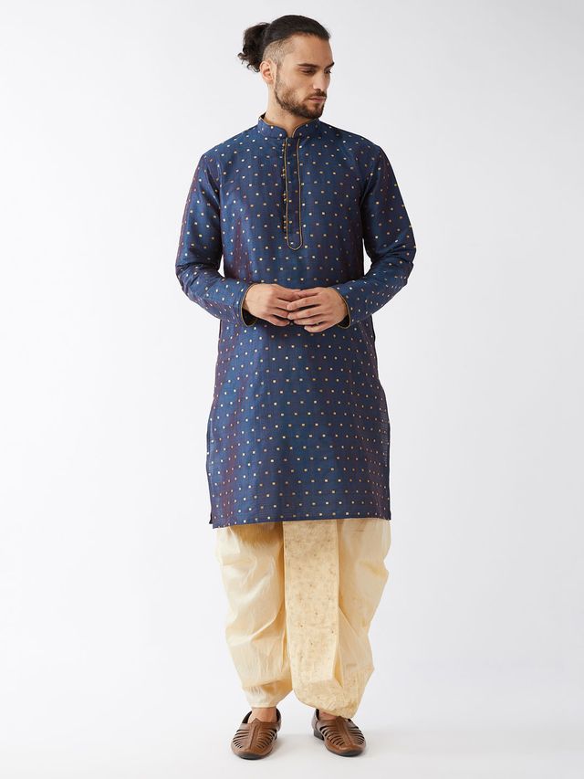 Men's Blue Silk Blend Straight Kurta and Dhoti Set