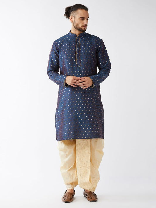 Men's Blue Silk Blend Straight Kurta and Dhoti Set
