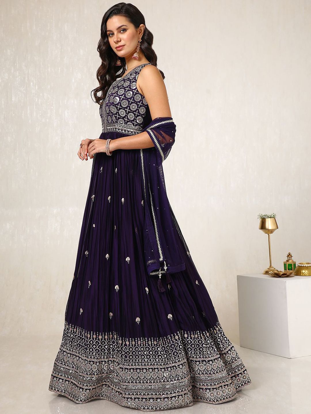 Dhiyona SO Women's Embroidered Empire Sequinned Anarkali Kurta with Churidar & Dupatta