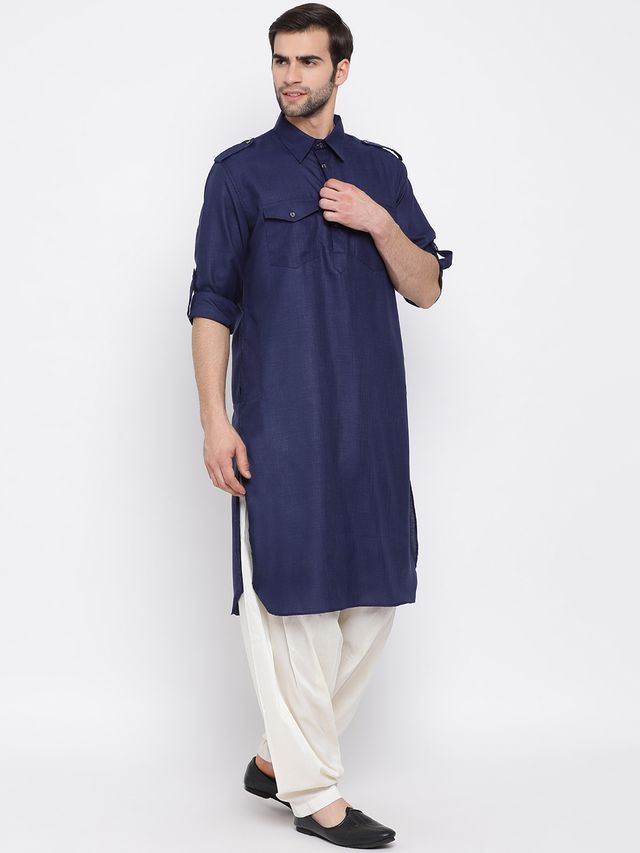 Men's Blue Cotton Blend Pathani Pathani Kurta Set