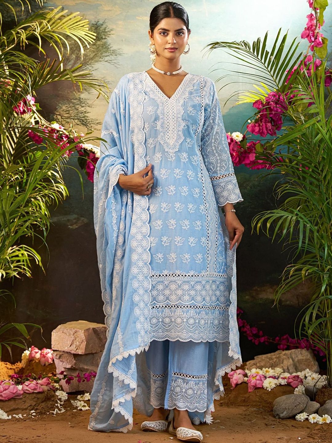 Women Ethnic Motifs Embroidered Chikankari Kurta with Trousers & Dupatta