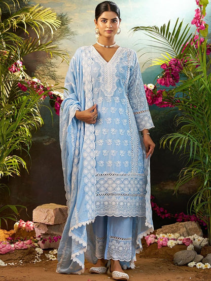 Women Ethnic Motifs Embroidered Chikankari Kurta with Trousers & Dupatta