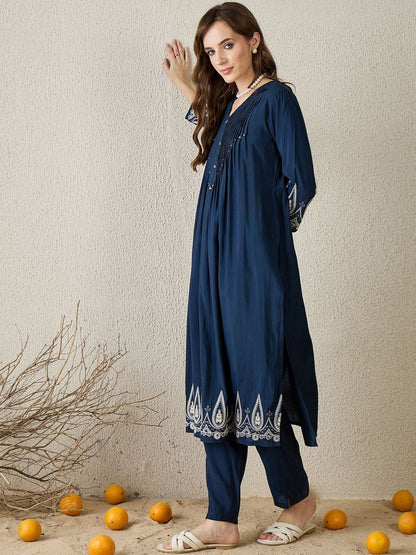 Floral Embroidered Pleated Kurta with Trousers