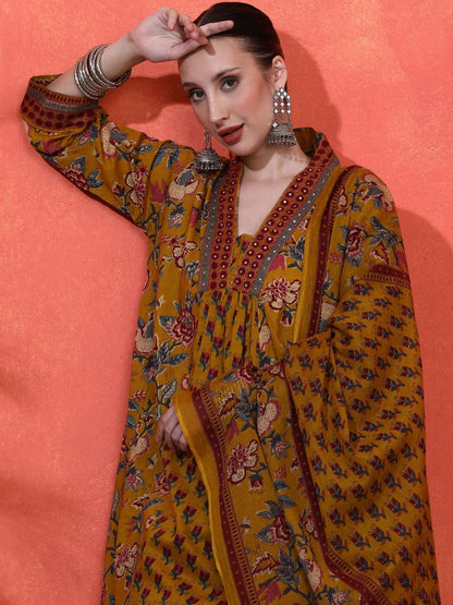 Dhiyona SN Women's Floral Embroidered A-Line Pure Cotton Kurta With Trousers & Dupatta
