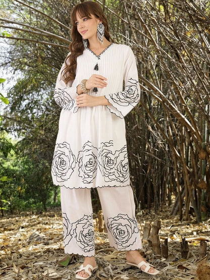 Women Floral Printed Pleated Thread Work Pure Cotton Kurta with Trousers