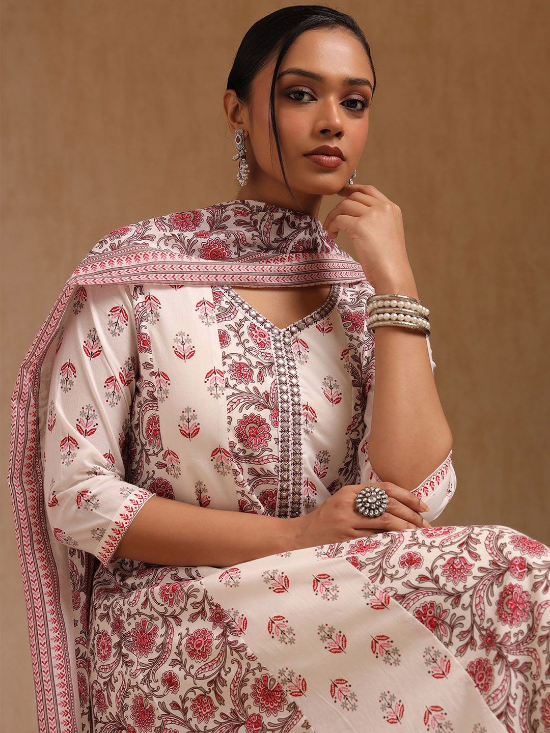 Dhiyona SO Women's Floral Printed Mirror Work Anarkali Kurta with Trouser & Dupatta