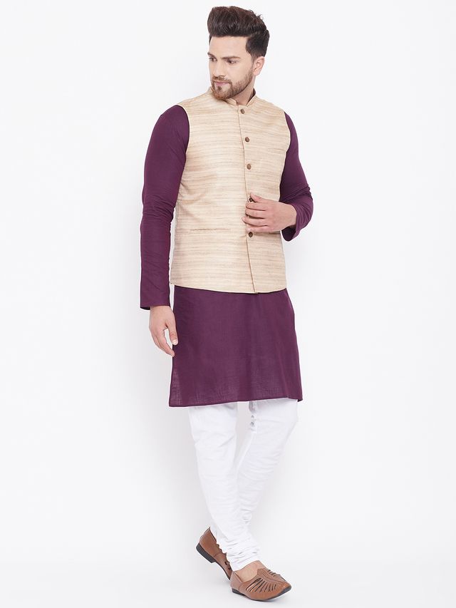 Men's Purple Cotton Blend Straight Jacket  Kurta and Pyjama Set