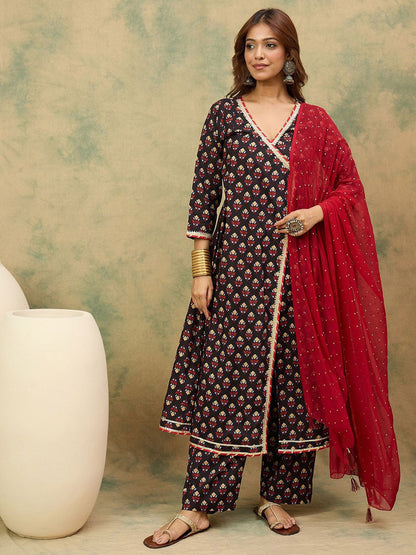 Dhiyona VA Women'sFloral Printed V-Neck Angrakha Kurta With Trousers & Dupatta