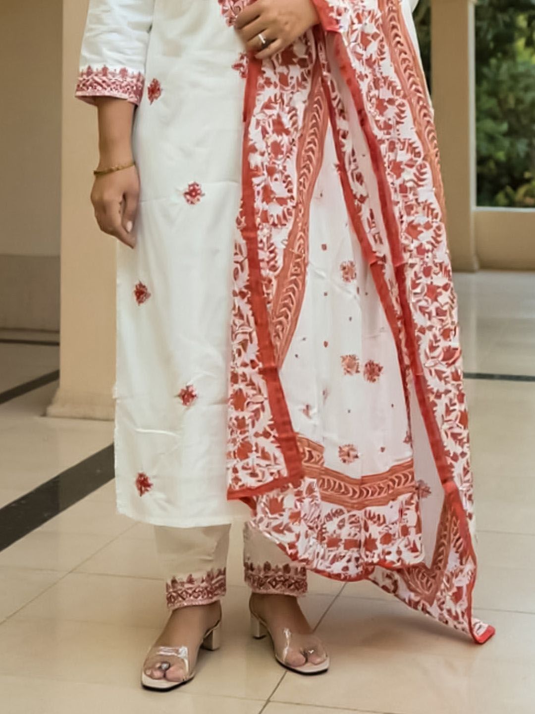 Floral Embroidered Pure Cotton Kurta With Trousers & Dupatta