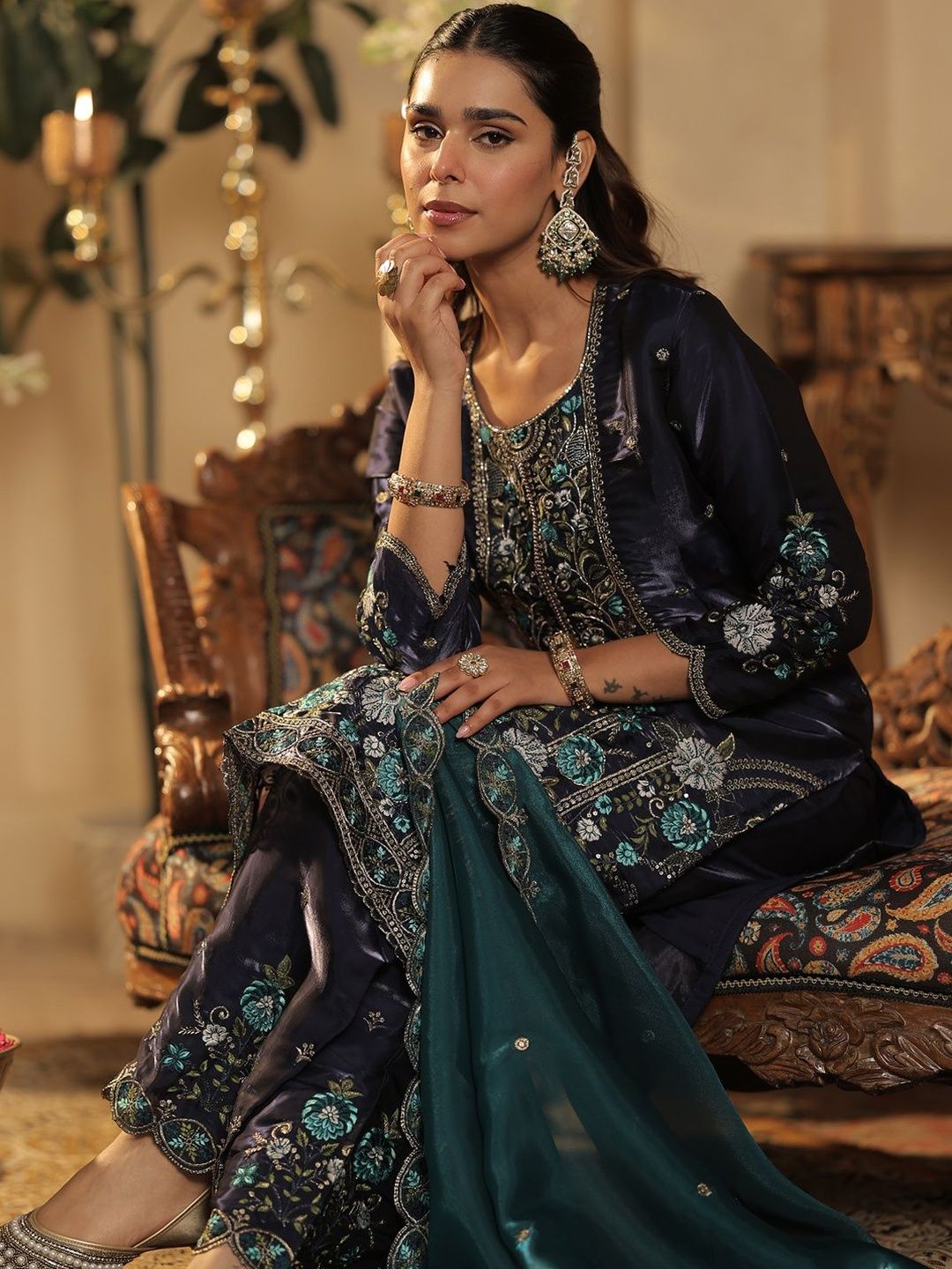 Women Ethnic Motifs Embroidered Kurta with Palazzos & Dupatta