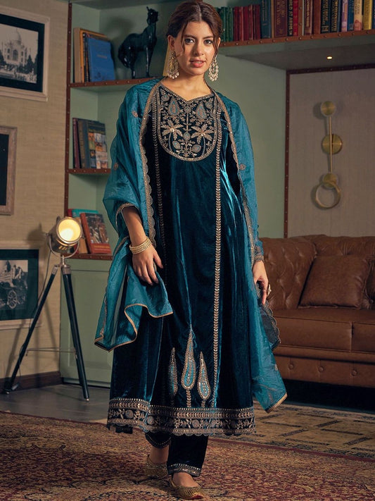 Dhiyona CH Women Ethnic Motifs Embroidered Regular Velvet Kurta with Trousers & With Dupatta
