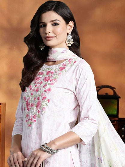 Women Floral Printed Regular Thread Work Pure Cotton Kurta with Trousers & With Dupatta