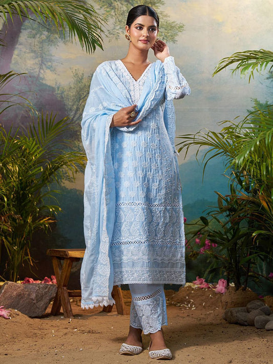 Ethnic Motifs Embroidered Pure Cotton V Neck Kurta With Trousers & Dupatta